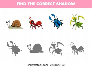 Education game for children find the correct shadow set of cute cartoon snail ant beetle mantis printable bug worksheet