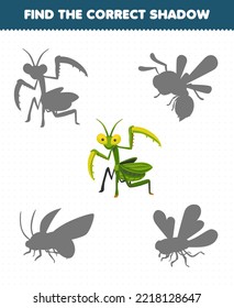 Education game for children find the correct shadow set of cute cartoon mantis printable bug worksheet