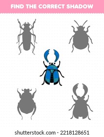 Education game for children find the correct shadow set of cute cartoon beetle printable bug worksheet