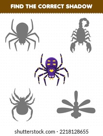 Education game for children find the correct shadow set of cute cartoon spider printable bug worksheet