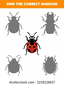 Education game for children find the correct shadow set of cute cartoon ladybug printable bug worksheet