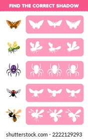 Education game for children find the correct shadow silhouette of cute cartoon butterfly dragonfly spider fly bee printable bug worksheet