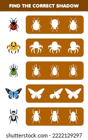 Education game for children find the correct shadow silhouette of cute cartoon ladybug spider beetle butterfly beetle printable bug worksheet