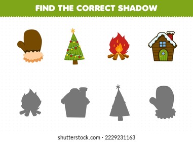 Education game for children find the correct shadow set of cute cartoon mitten christmas tree bonfire house printable winter worksheet