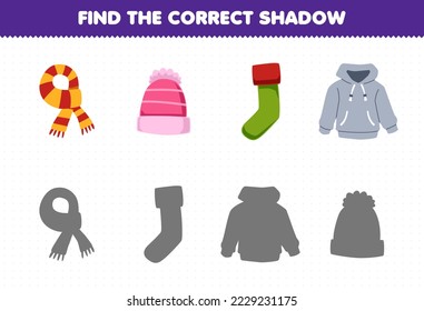 Juego de educación para los niños encuentra la sombra correcta de la tierna caricatura bufanda beanie sock hoodie hoja de cálculo imprimible de invierno