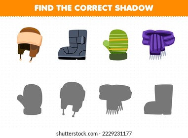 Education game for children find the correct shadow set of cute cartoon hat boot mitten scarf printable winter worksheet