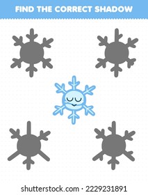 Education game for children find the correct shadow set of cute cartoon snowflake printable winter worksheet