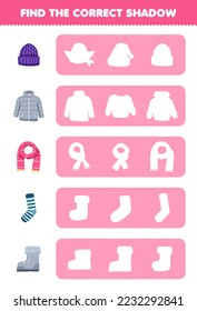 Education game for children find the correct shadow silhouette of cute cartoon hat coat scarf sock boot printable winter worksheet