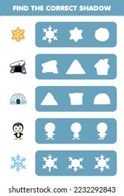 Education game for children find the correct shadow silhouette of cute cartoon snowflake cookie den igloo penguin printable winter worksheet