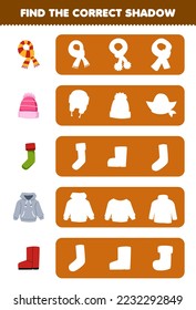 Education game for children find the correct shadow silhouette of cute cartoon scarf beanie sock hoodie boot printable winter worksheet