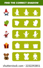 Education game for children find the correct shadow silhouette of cute cartoon gnome mitten santa gift box teddy bear printable winter worksheet