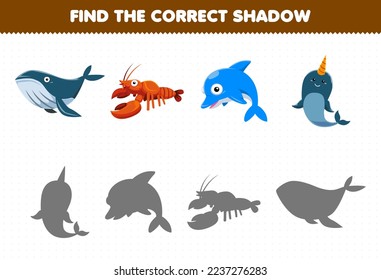 Education game for children find the correct shadow set of cute cartoon whale lobster dolphin narwhal printable underwater worksheet