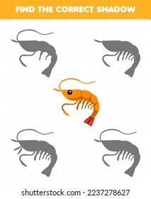 Education game for children find the correct shadow of cute cartoon shrimp printable underwater worksheet