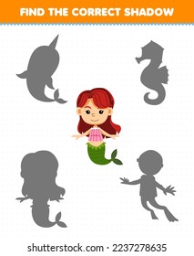 Education game for children find the correct shadow of cute cartoon mermaid printable underwater worksheet