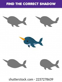 Education game for children find the correct shadow of cute cartoon narwhal printable underwater worksheet