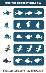 Education game for children find the correct shadow silhouette of cute cartoon shark narwhal fish diver orca printable underwater worksheet