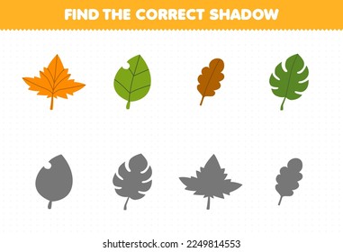 Education game for children find the correct shadow set of cute cartoon leaf printable nature worksheet