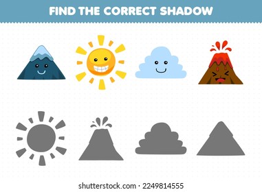 Education game for children find the correct shadow set of cute cartoon sun mountain cloud volcano printable nature worksheet