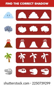 Education game for children find the correct shadow silhouette of cute cartoon cloud smoke volcano tree fossil printable nature worksheet