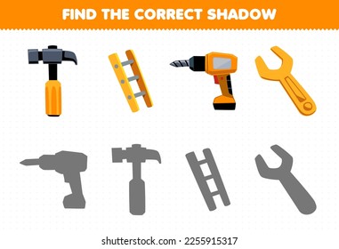 Education game for children find the correct shadow set of cute cartoon hammer ladder drill wrench printable tool worksheet