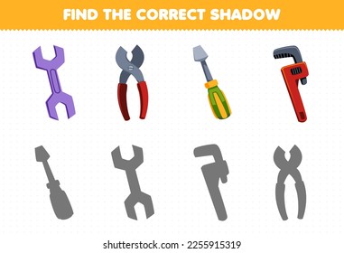 Education game for children find the correct shadow set of cute cartoon spanner pliers screwdriver wrench printable tool worksheet