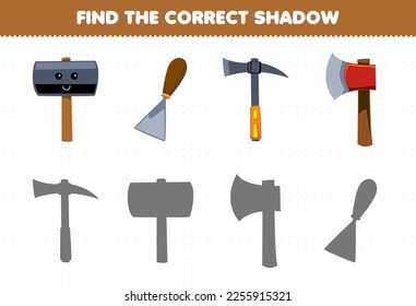 Education game for children find the correct shadow set of cute cartoon hammer chisel pickaxe axe printable tool worksheet