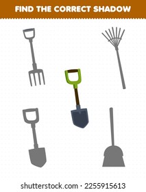 Education game for children find the correct shadow set of cute cartoon shovel printable tool worksheet