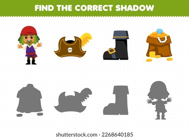 Education game for children find the correct shadow set of cute cartoon man hat boot and treasure printable pirate worksheet