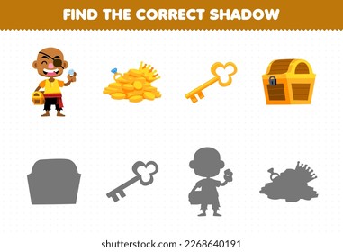 Education game for children find the correct shadow set of cute cartoon bald man treasure key and chest printable pirate worksheet