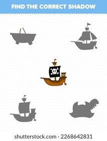 Education game for children find the correct shadow set of cute cartoon ship printable pirate worksheet