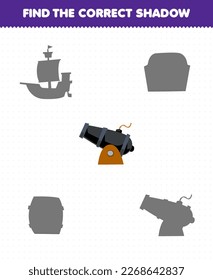 Education game for children find the correct shadow set of cute cartoon cannon printable pirate worksheet