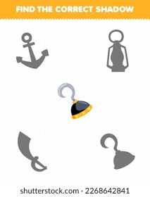 Education game for children find the correct shadow set of cute cartoon hook printable pirate worksheet