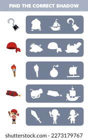 Education game for children find the correct shadow silhouette of cute cartoon hook bandana torch dynamite boy printable pirate worksheet