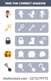 Education game for children find the correct shadow silhouette of cute cartoon boy key padlock chest shovel printable pirate worksheet