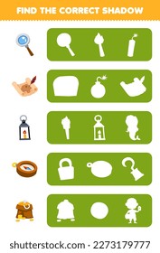 Education game for children find the correct shadow silhouette of cute cartoon magnifier treasure map lantern compass printable pirate worksheet
