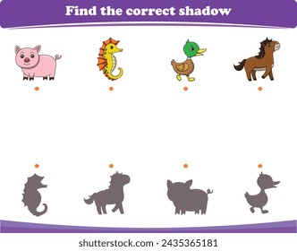 Education game for children find the correct shadow of cute wild animal cartoon. Vector Illustration