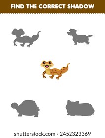 Education game for children find the correct shadow of a cute gecko printable pet worksheet