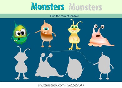 Education game for children. Find the correct shadow with monster, 