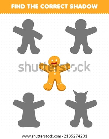 Education game for children find the correct shadow set of cartoon gingerbread