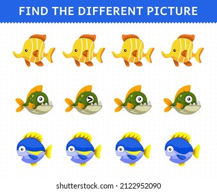 Education game for children find the different picture in each row cute cartoon fish