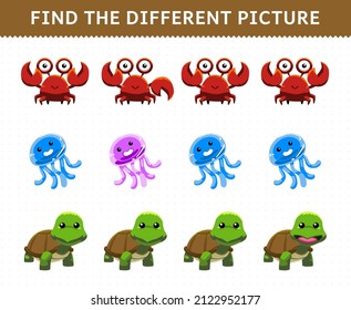 Education game for children find the different picture in each row cute cartoon crab jellyfish and turtle