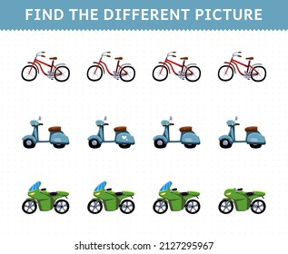 Juego de educación para los niños encuentra las diferentes imágenes en cada fila transporte bicicleta ciclomotor moto