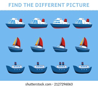 Education game for children find the different picture in each row transportation ocean sail boat ferry ship