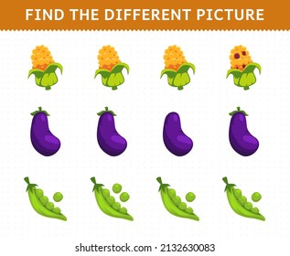 Education game for children find the different picture in each row vegetables corn eggplant peas