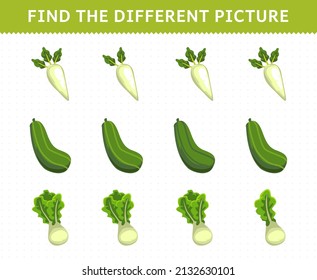 Education game for children find the different picture in each row vegetables daikon turnip cucumber lettuce