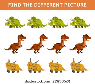 Education game for children find the different picture in each row cartoon prehistoric dinosaur triceratops carnotaurus xenoceratops