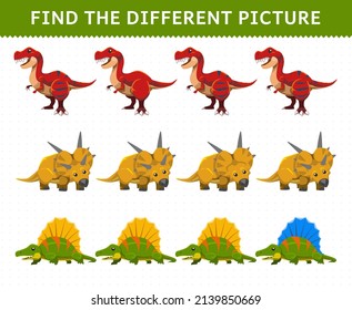Education game for children find the different picture in each row cartoon prehistoric dinosaur dimetrodon tyrannosaurus xenoceratops