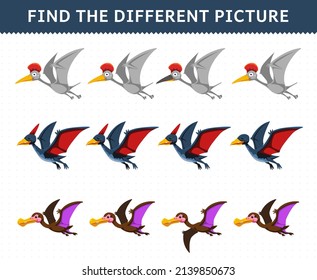 Education game for children find the different picture in each row cartoon prehistoric flying dinosaur pteranodon hatzegopteryx