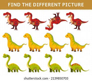 Education game for children find the different picture in each row cartoon prehistoric dinosaur tyrannosaurus isisaurus ultrasaurus
