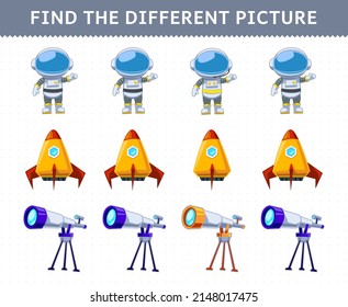 Education game for children find the different picture in each row cute cartoon solar system astronaut rocket telescope